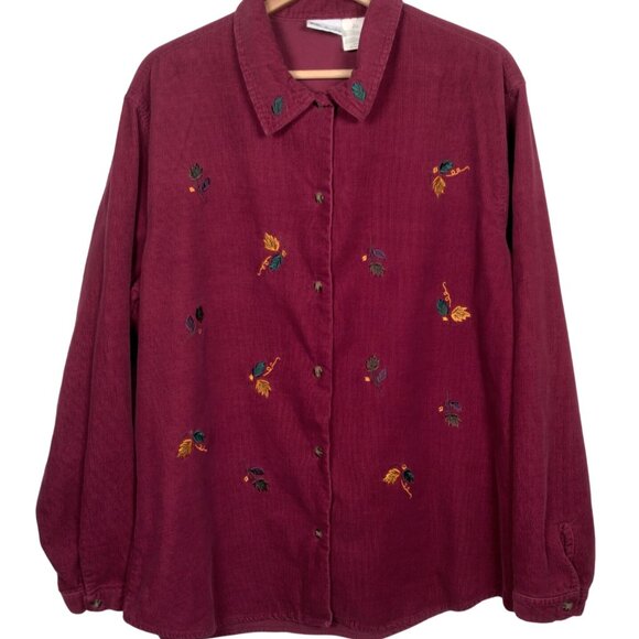 Bobbie Brooks Tops - Bobbie Brooks Shirt XL Button Up Embroidered Leaf Leaves Maroon Corduroy Nature